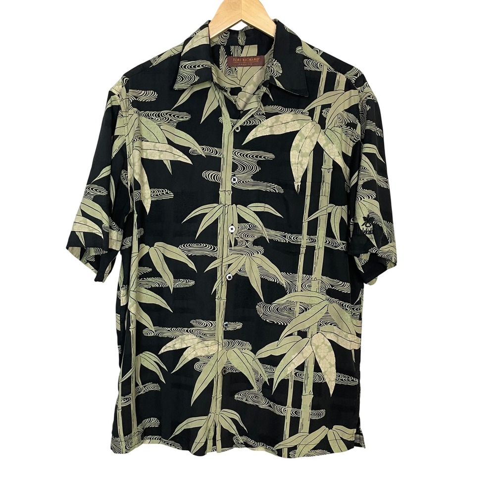 Tori Richard Hawaiian Shirt Bamboo Print Textured Button Down Shirt Black Aloha